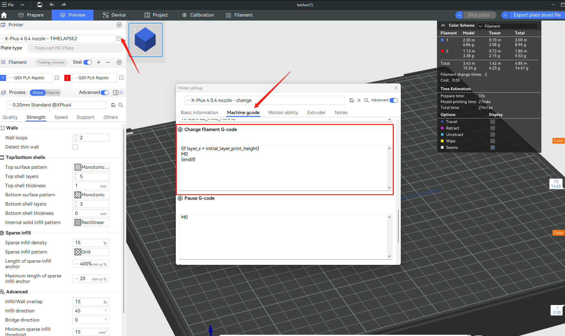 Custom filament change G-code