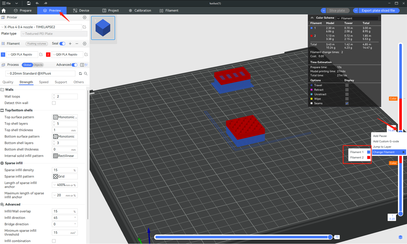 Select layer and assign filament